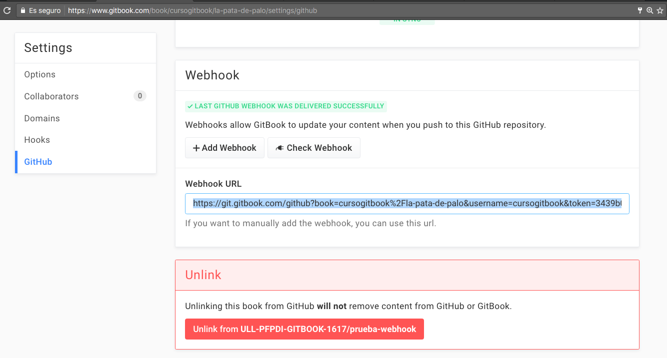 Clicking on the **Check webhook**s button