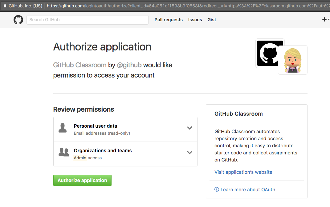 Autorice la aplicación ClassRoom a acceder a su cuenta de GitHub
