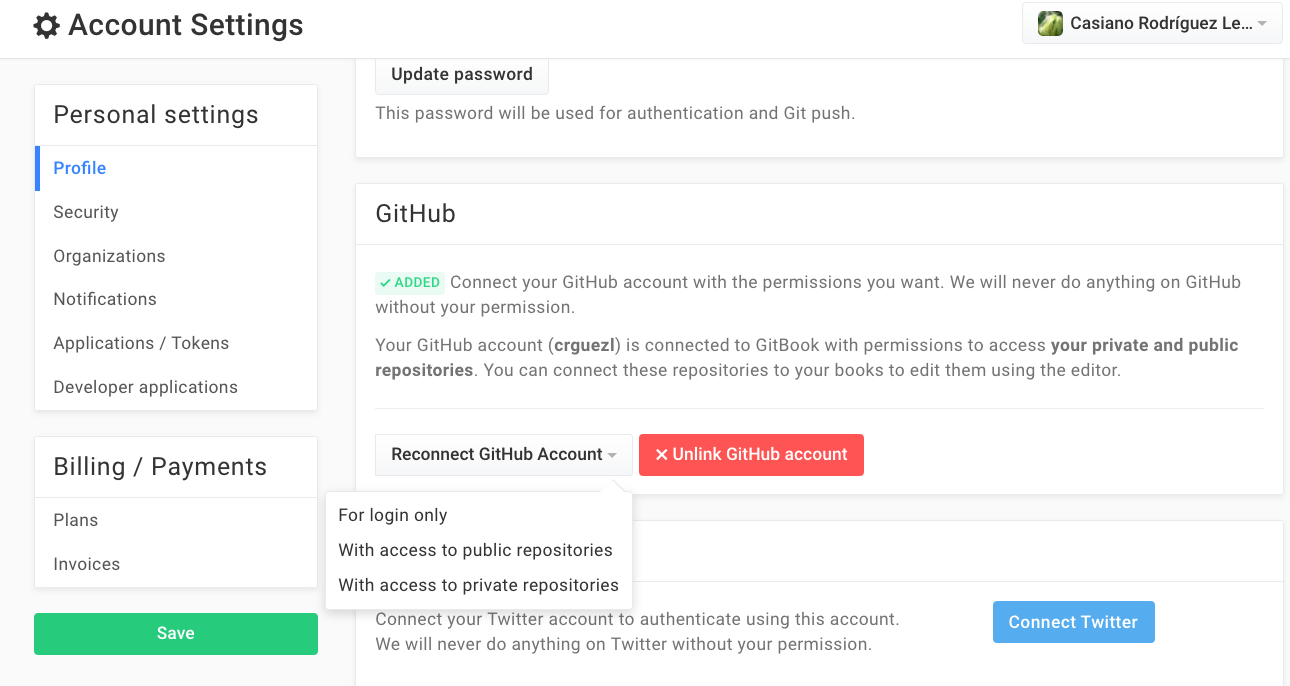 Dando permisos a Gitbook para acceder a GitHub