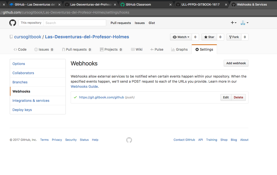 El Webhook que comunica a GitHub con GitBook ha sido instalado